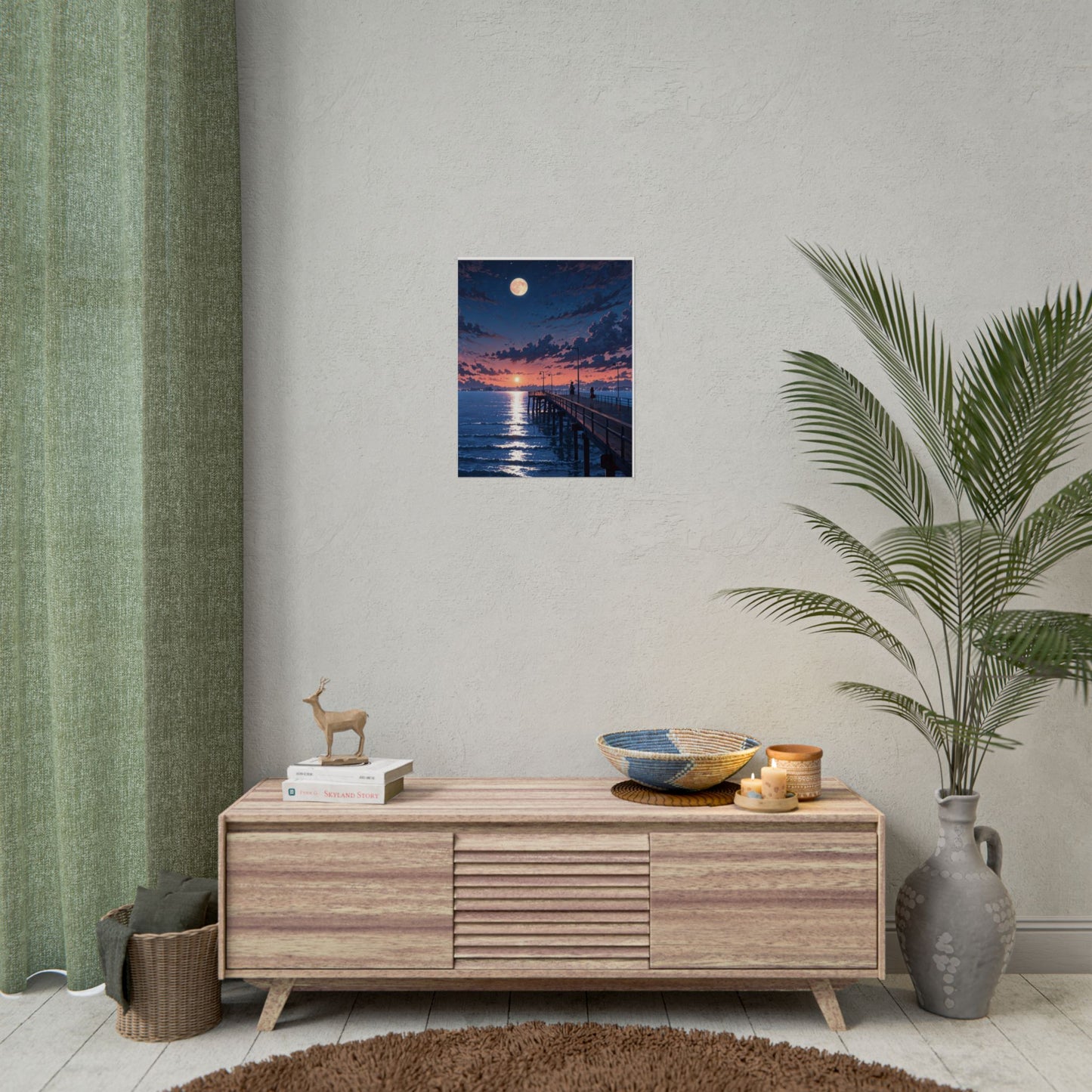 Serene Sunset Rolled Poster - Moonlit Pier Art for Home Decor