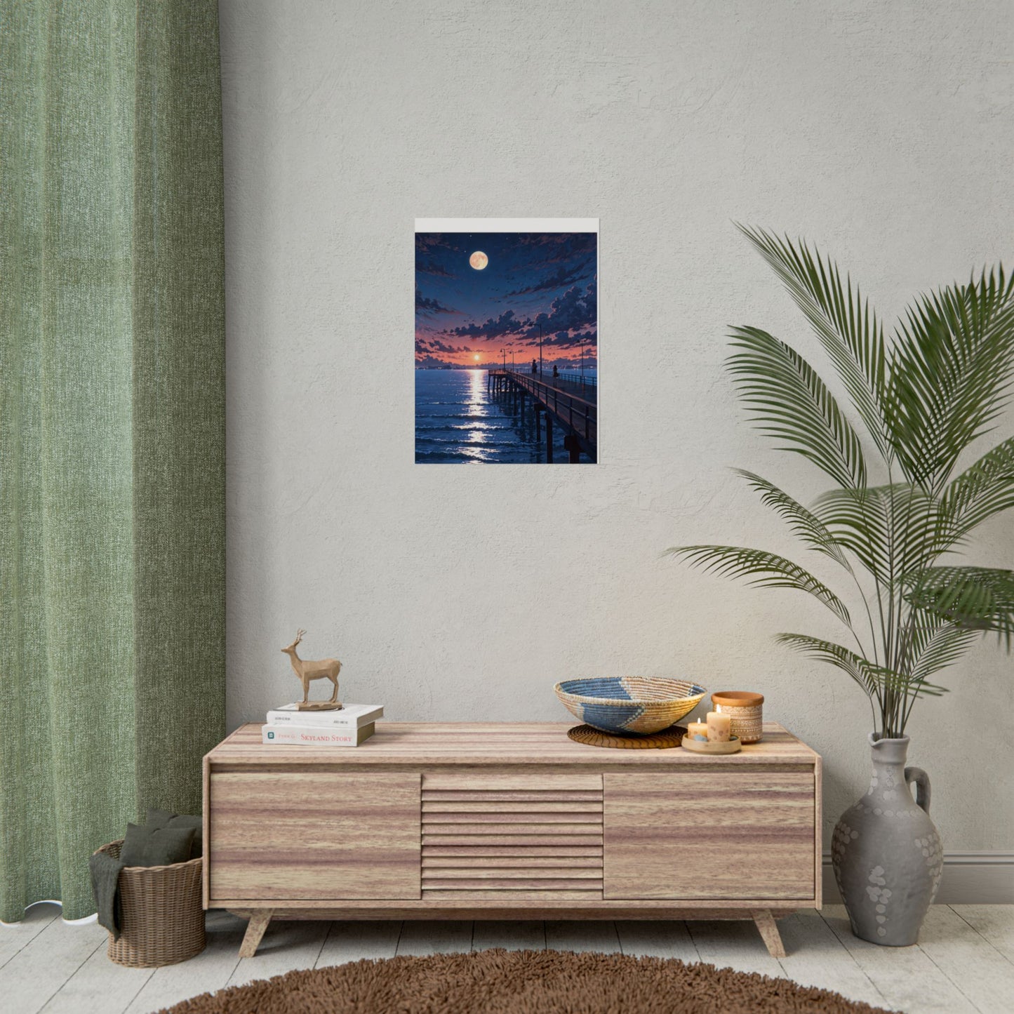 Serene Sunset Rolled Poster - Moonlit Pier Art for Home Decor
