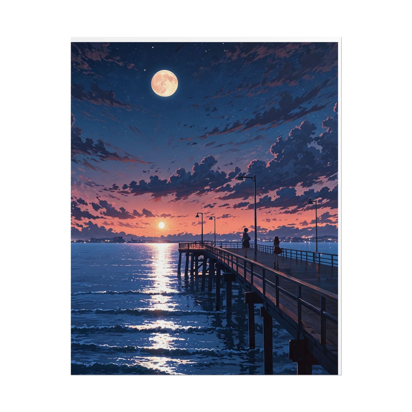Serene Sunset Rolled Poster - Moonlit Pier Art for Home Decor