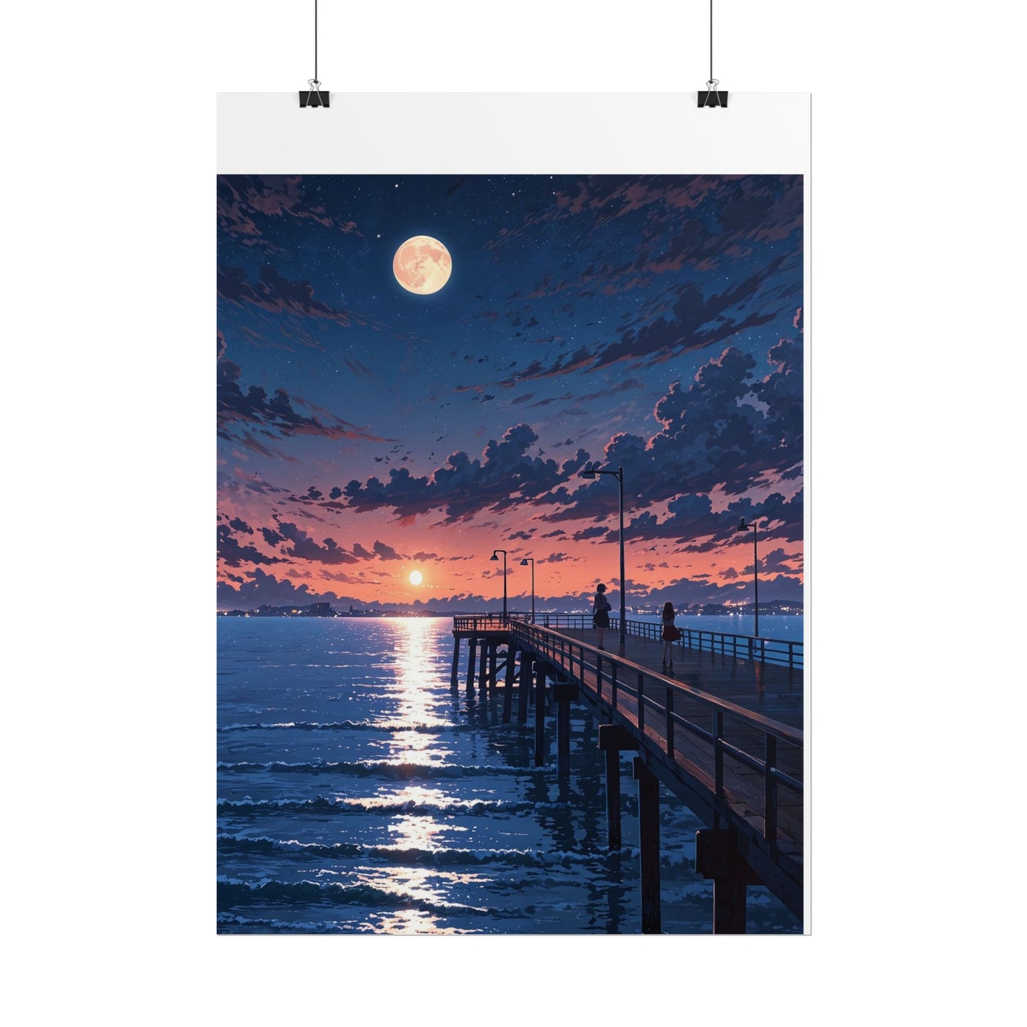 Serene Sunset Rolled Poster - Moonlit Pier Art for Home Decor