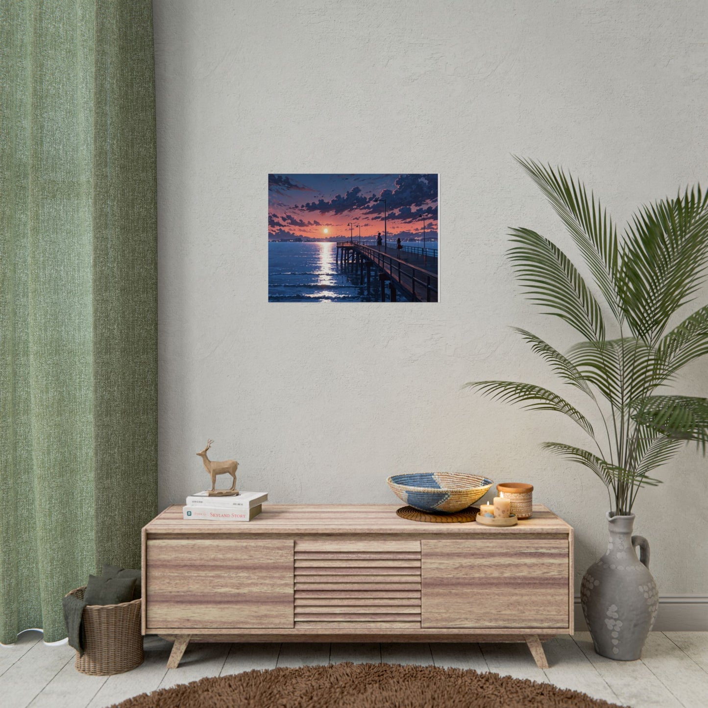 Serene Sunset Rolled Poster - Moonlit Pier Art for Home Decor