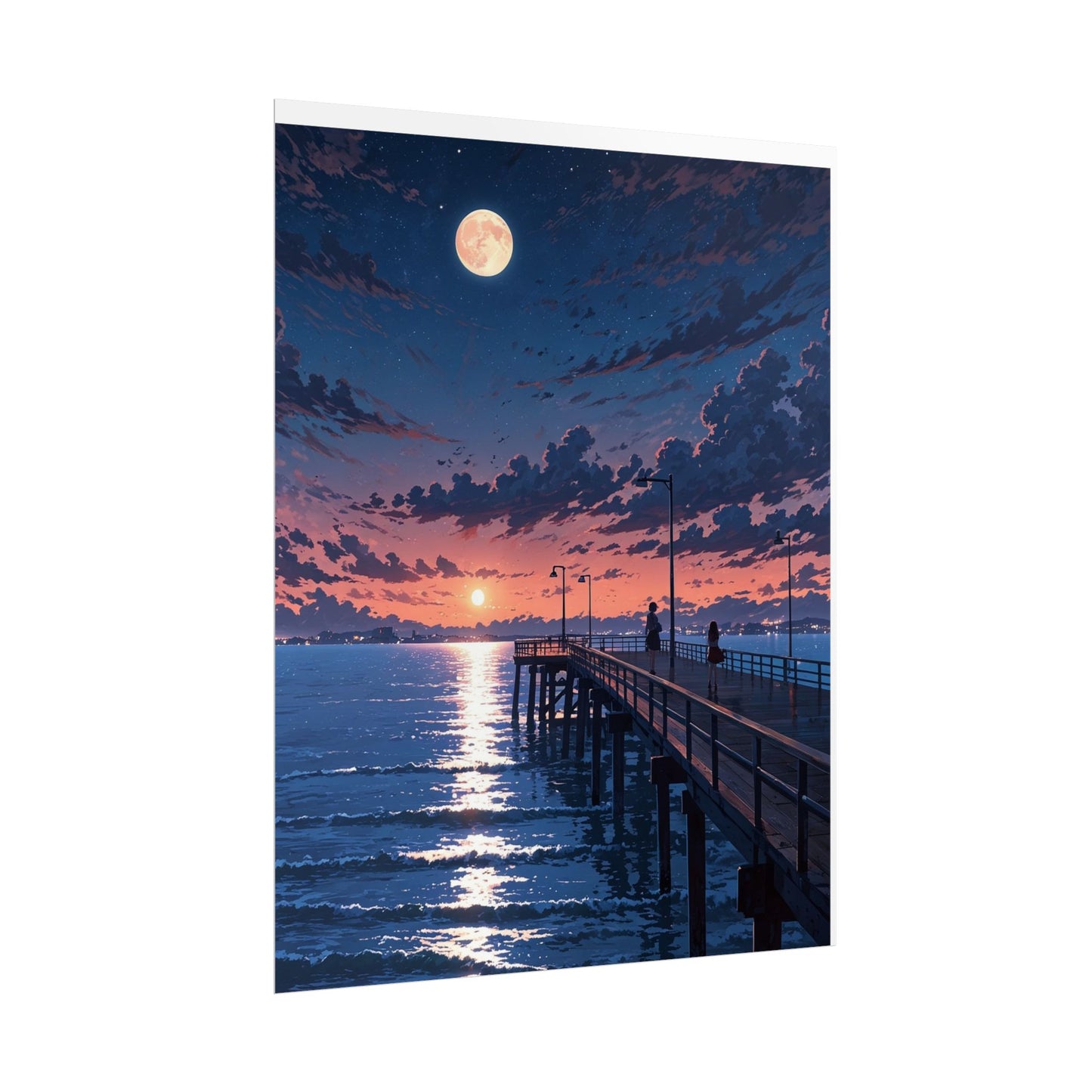 Serene Sunset Rolled Poster - Moonlit Pier Art for Home Decor