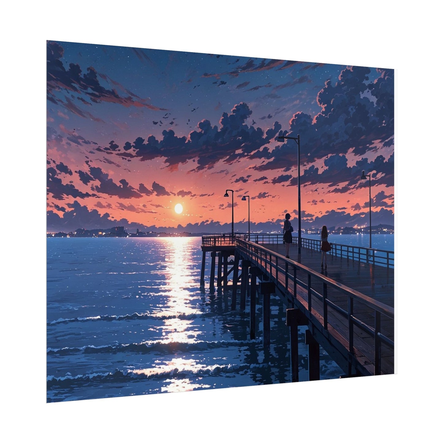 Serene Sunset Rolled Poster - Moonlit Pier Art for Home Decor