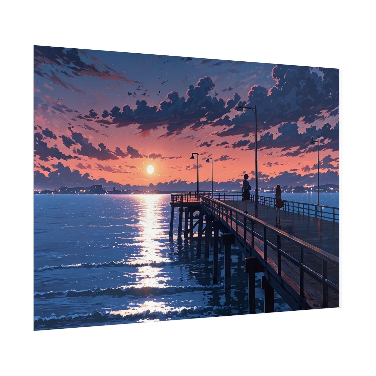 Serene Sunset Rolled Poster - Moonlit Pier Art for Home Decor
