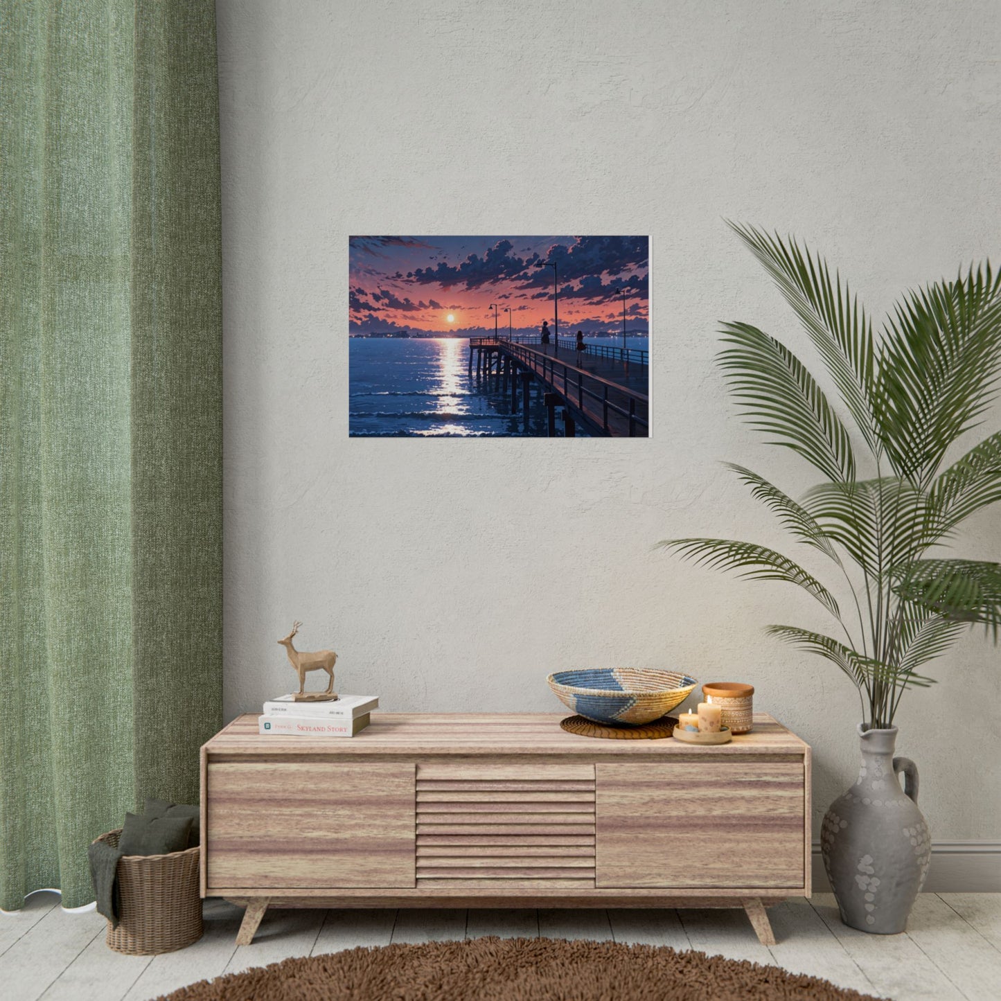 Serene Sunset Rolled Poster - Moonlit Pier Art for Home Decor