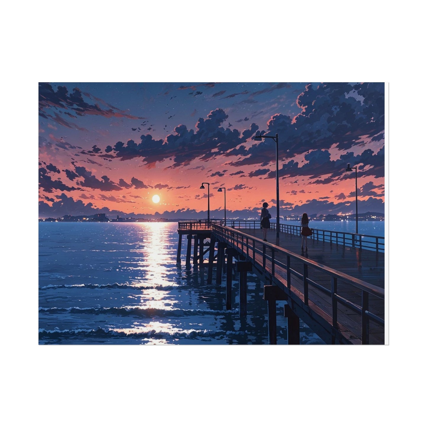 Serene Sunset Rolled Poster - Moonlit Pier Art for Home Decor
