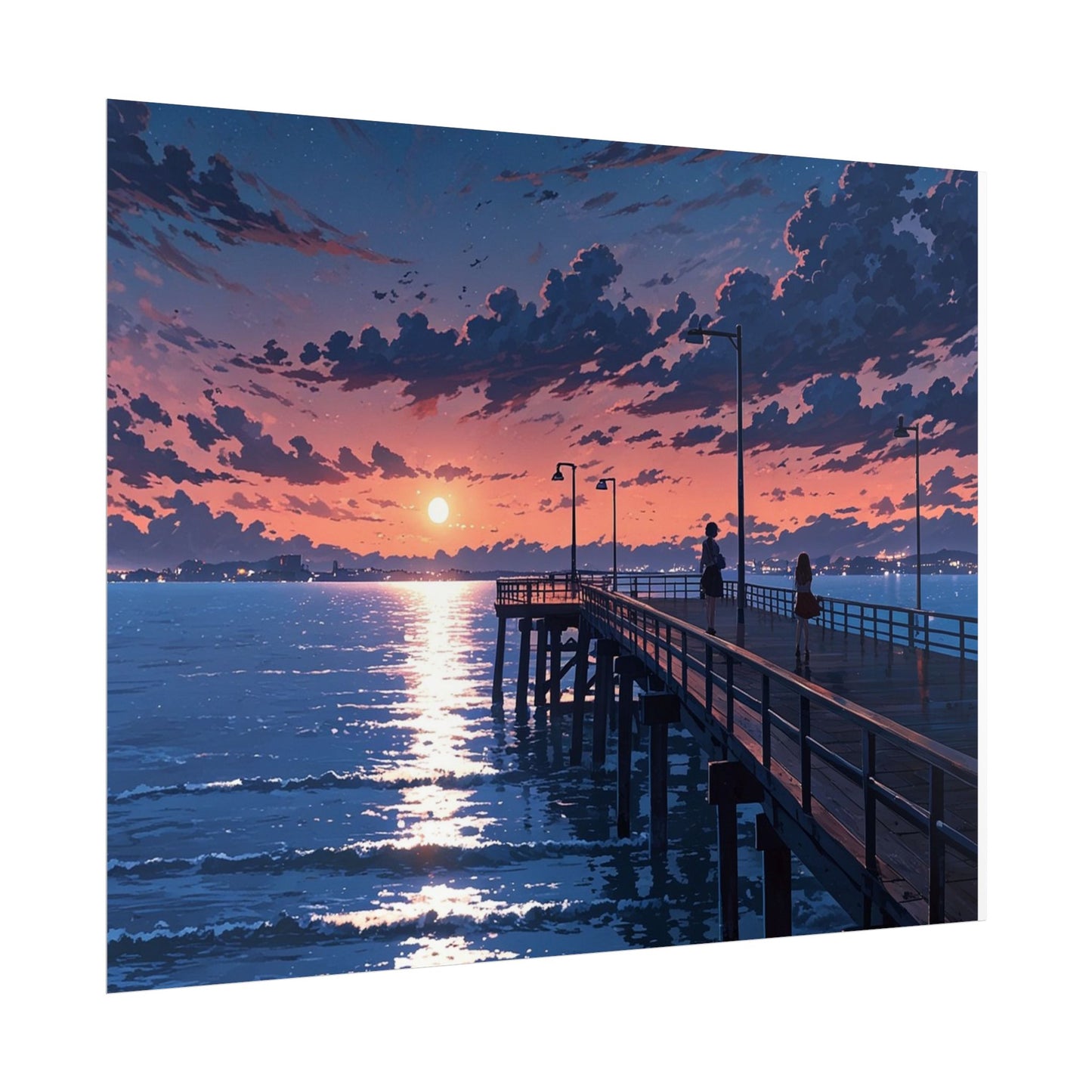 Serene Sunset Rolled Poster - Moonlit Pier Art for Home Decor