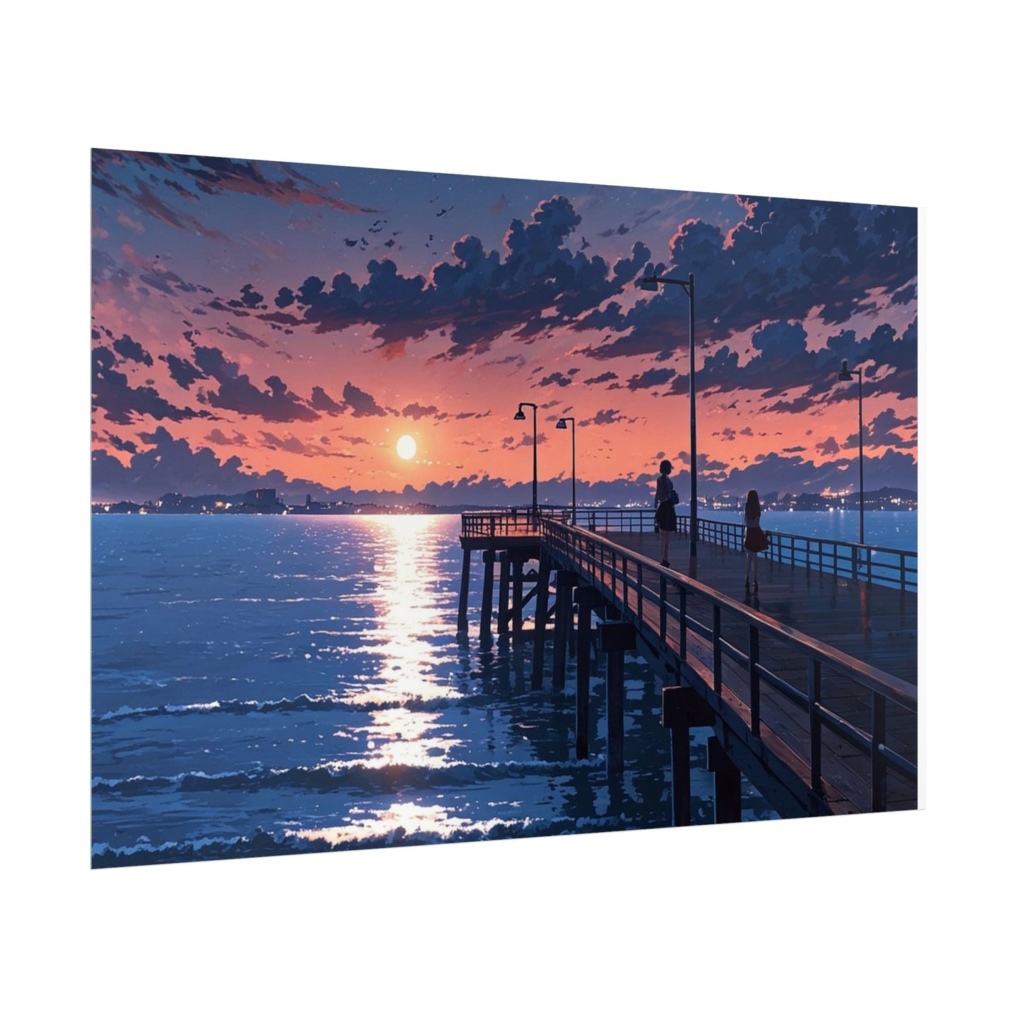 Serene Sunset Rolled Poster - Moonlit Pier Art for Home Decor
