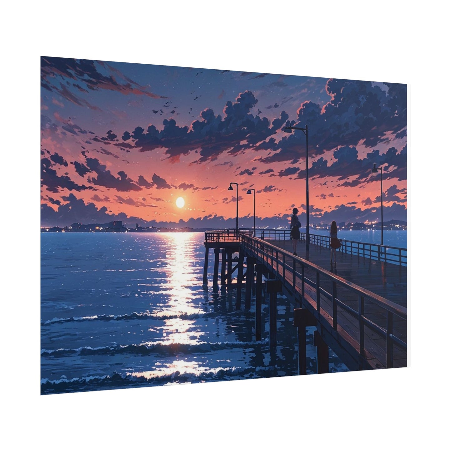 Serene Sunset Rolled Poster - Moonlit Pier Art for Home Decor