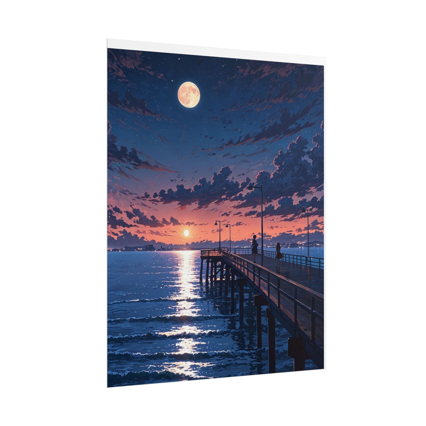 Serene Sunset Rolled Poster - Moonlit Pier Art for Home Decor