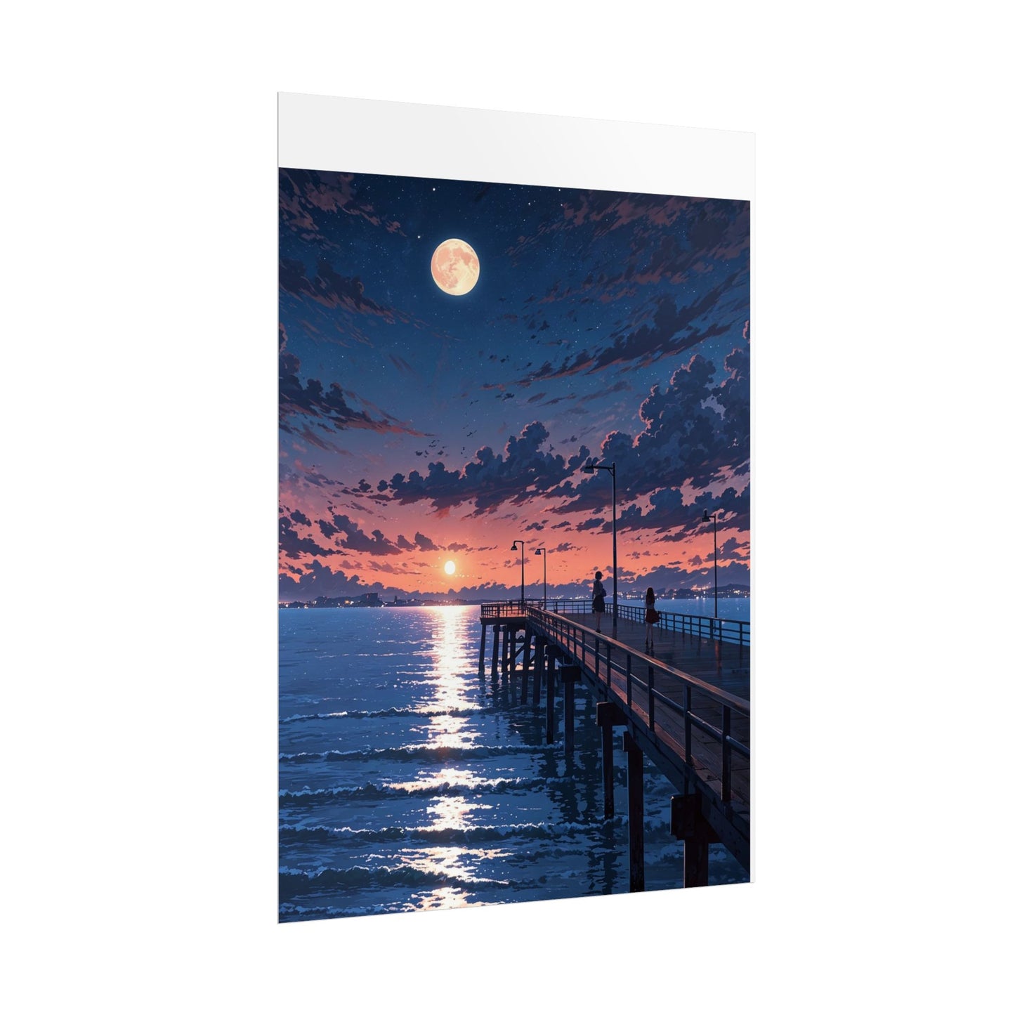 Serene Sunset Rolled Poster - Moonlit Pier Art for Home Decor