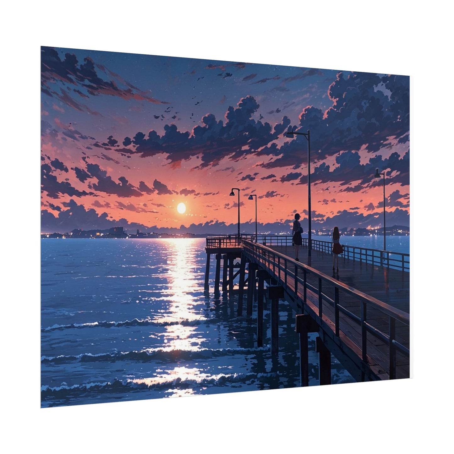 Serene Sunset Rolled Poster - Moonlit Pier Art for Home Decor