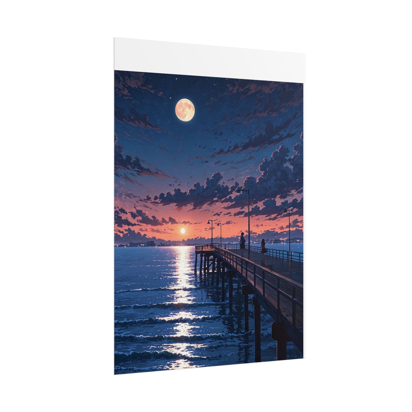 Serene Sunset Rolled Poster - Moonlit Pier Art for Home Decor