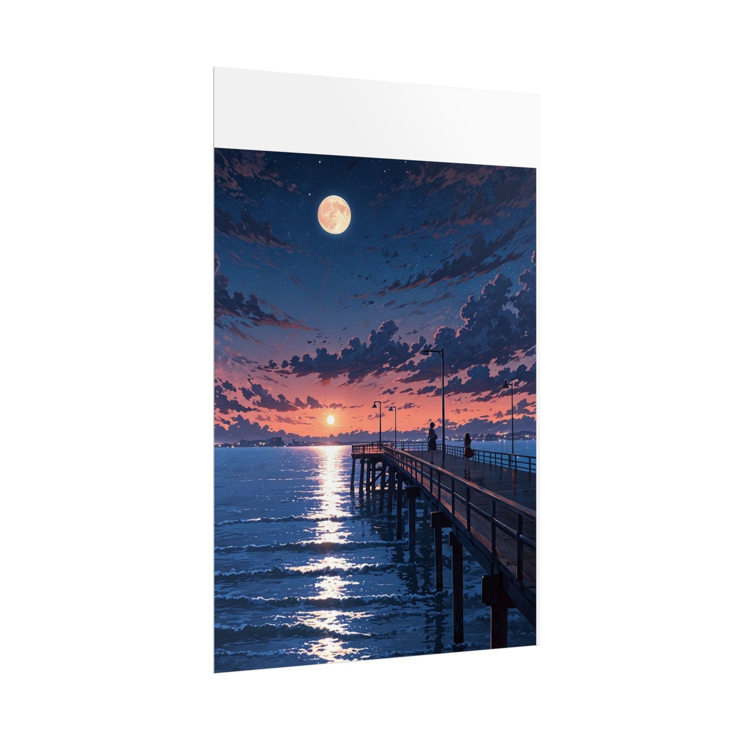 Serene Sunset Rolled Poster - Moonlit Pier Art for Home Decor