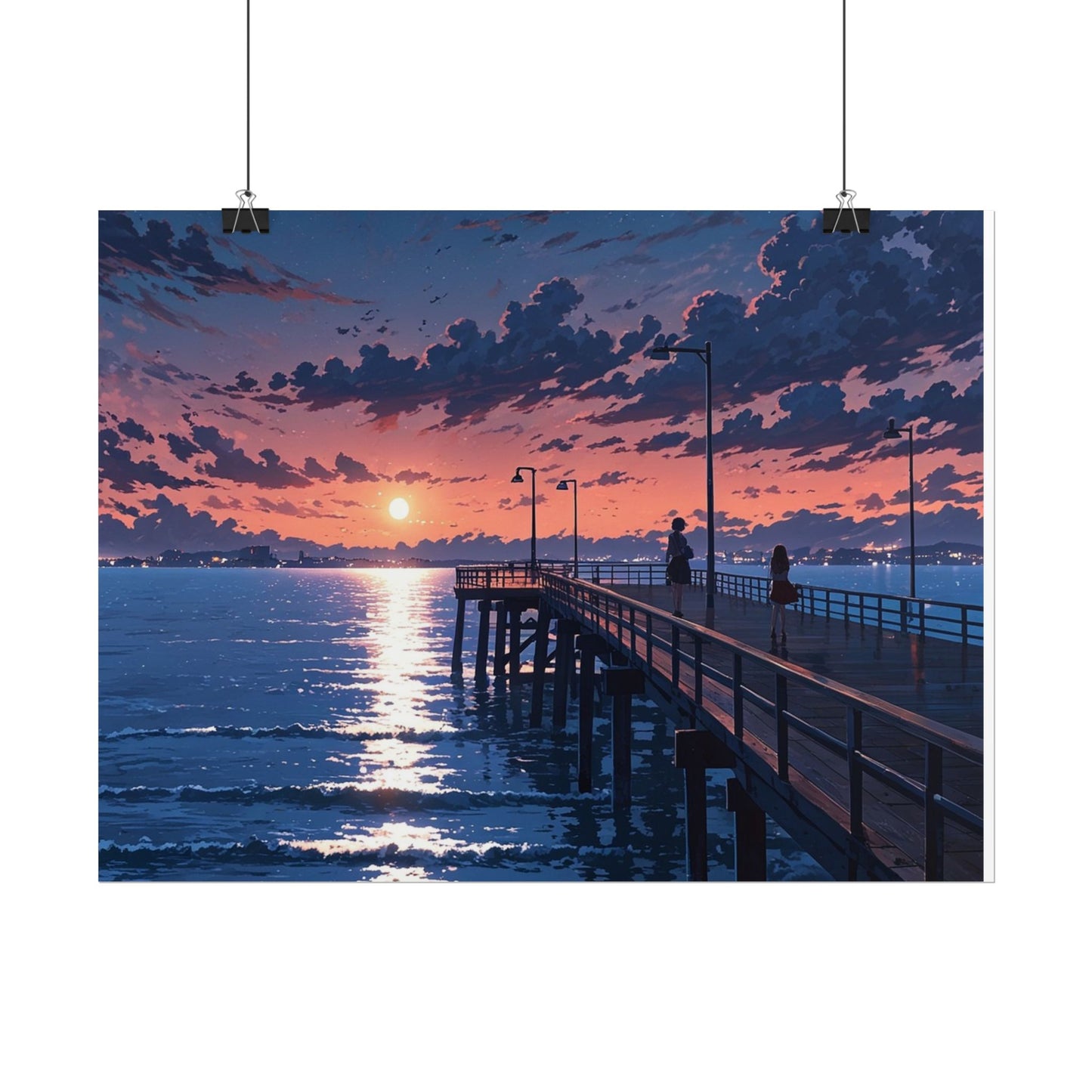 Serene Sunset Rolled Poster - Moonlit Pier Art for Home Decor