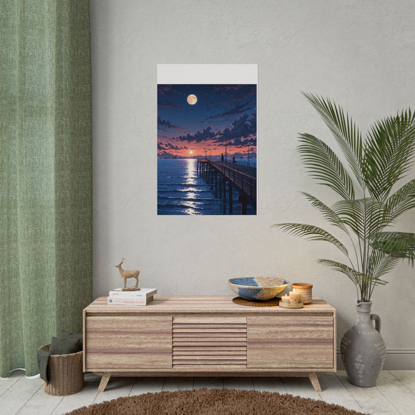 Serene Sunset Rolled Poster - Moonlit Pier Art for Home Decor