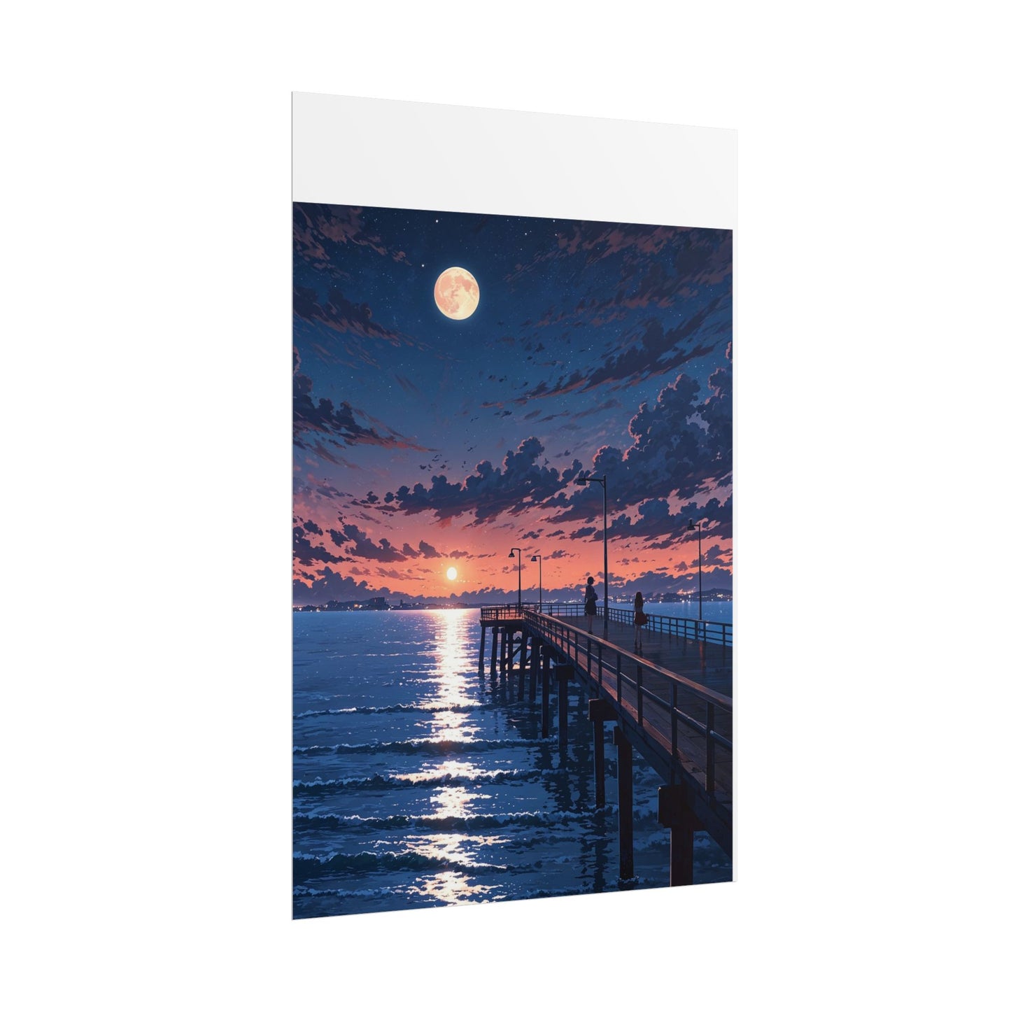 Serene Sunset Rolled Poster - Moonlit Pier Art for Home Decor