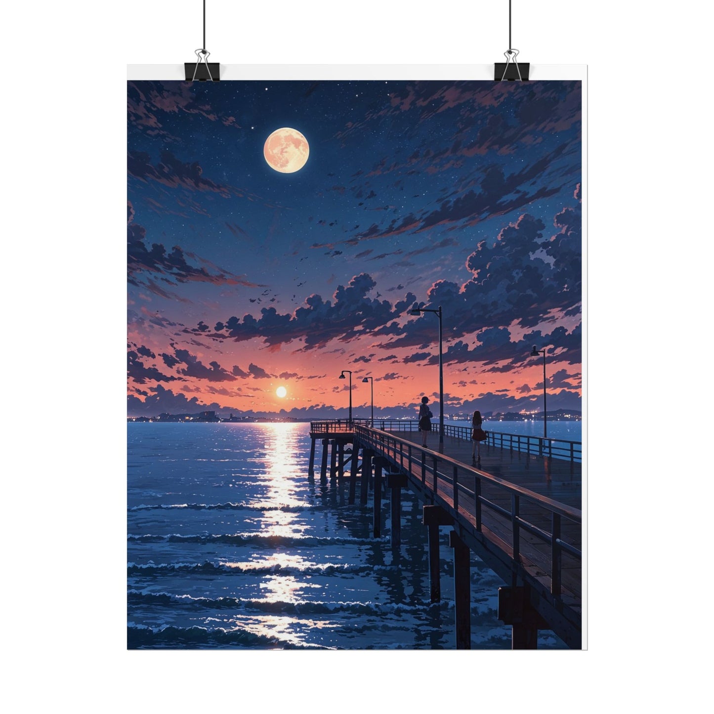 Serene Sunset Rolled Poster - Moonlit Pier Art for Home Decor