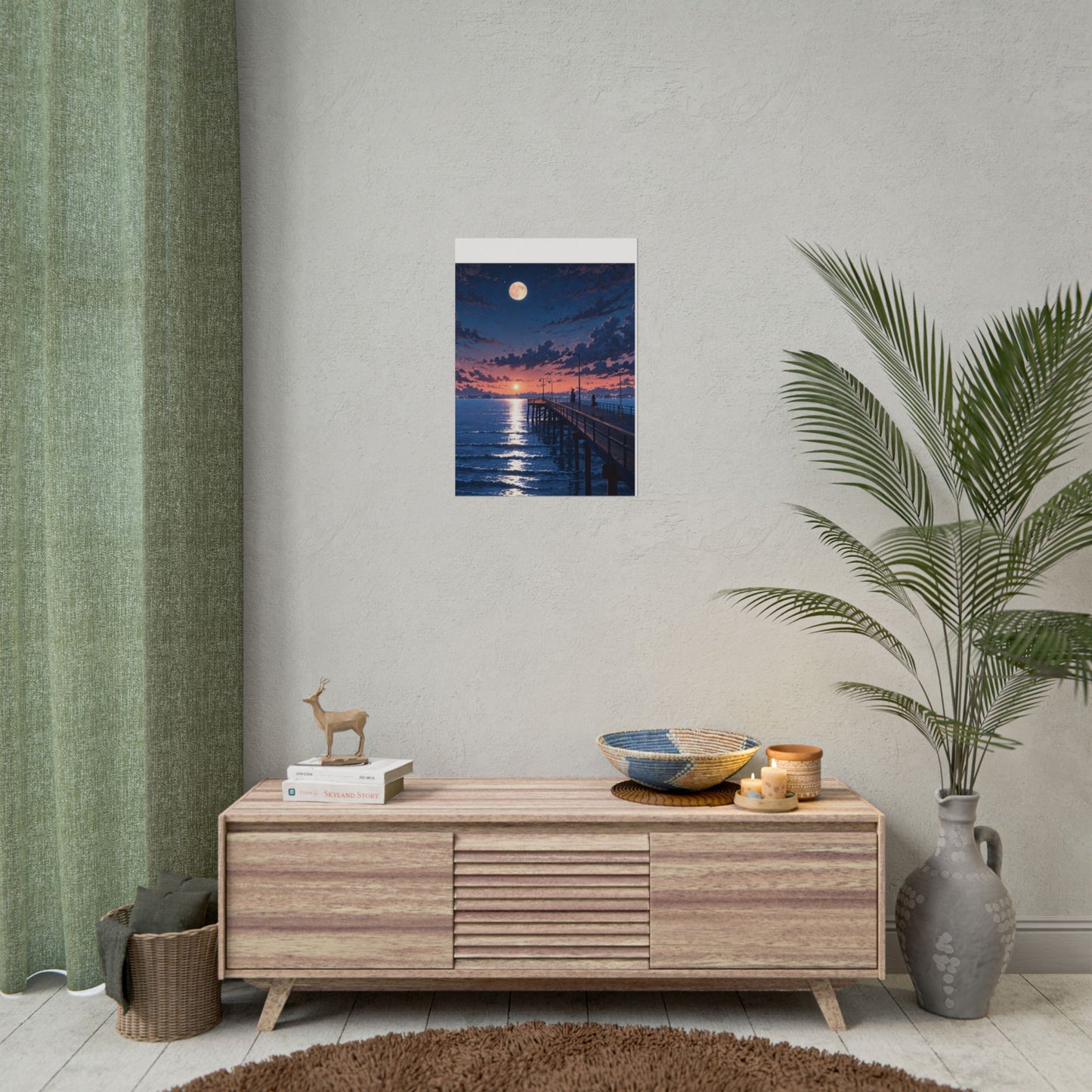 Serene Sunset Rolled Poster - Moonlit Pier Art for Home Decor
