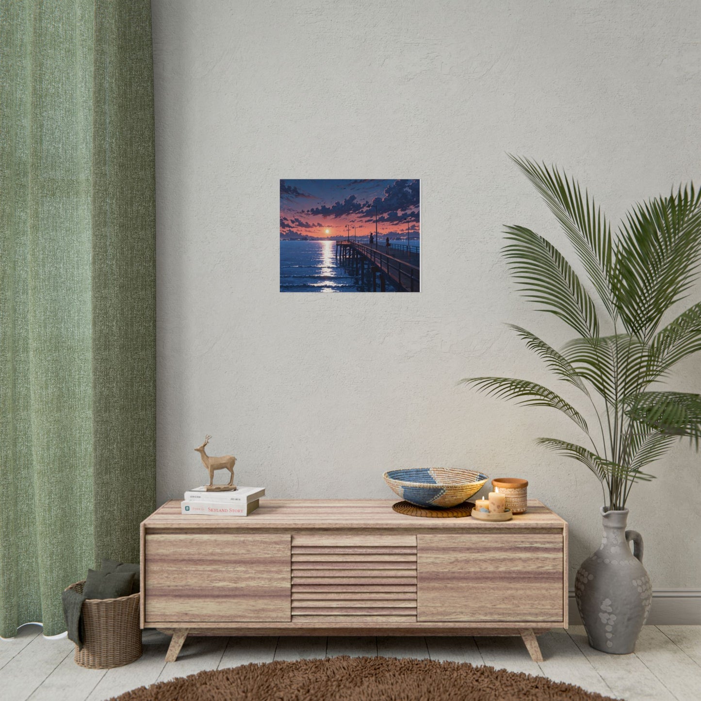 Serene Sunset Rolled Poster - Moonlit Pier Art for Home Decor