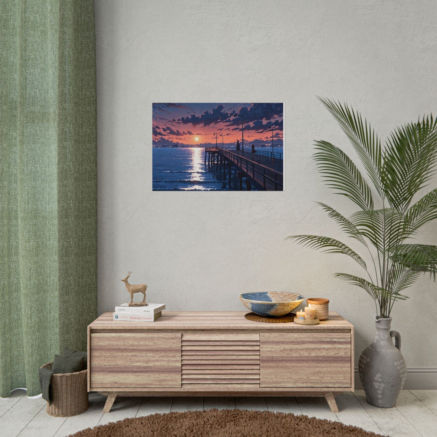 Serene Sunset Rolled Poster - Moonlit Pier Art for Home Decor