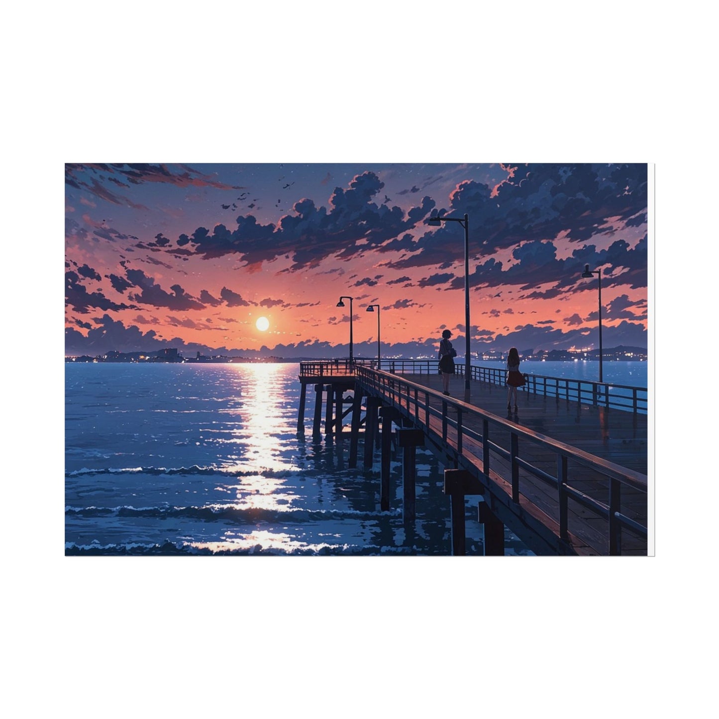 Serene Sunset Rolled Poster - Moonlit Pier Art for Home Decor