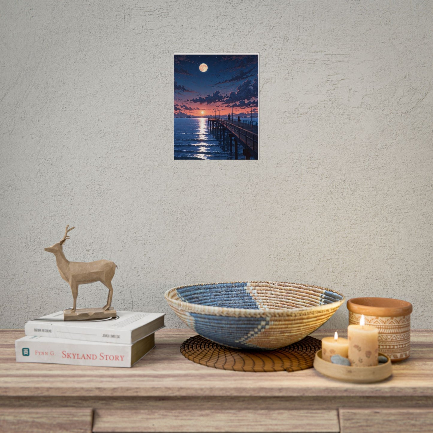 Serene Sunset Rolled Poster - Moonlit Pier Art for Home Decor