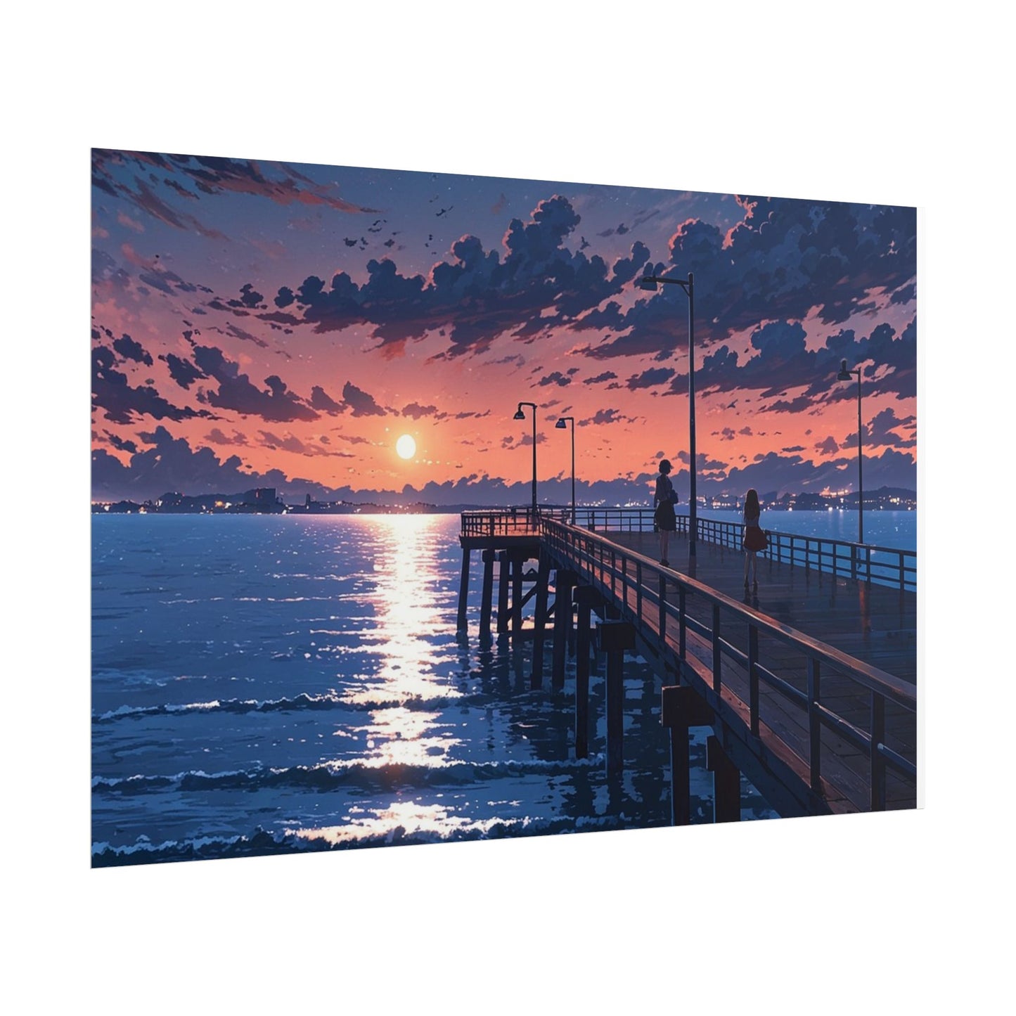 Serene Sunset Rolled Poster - Moonlit Pier Art for Home Decor