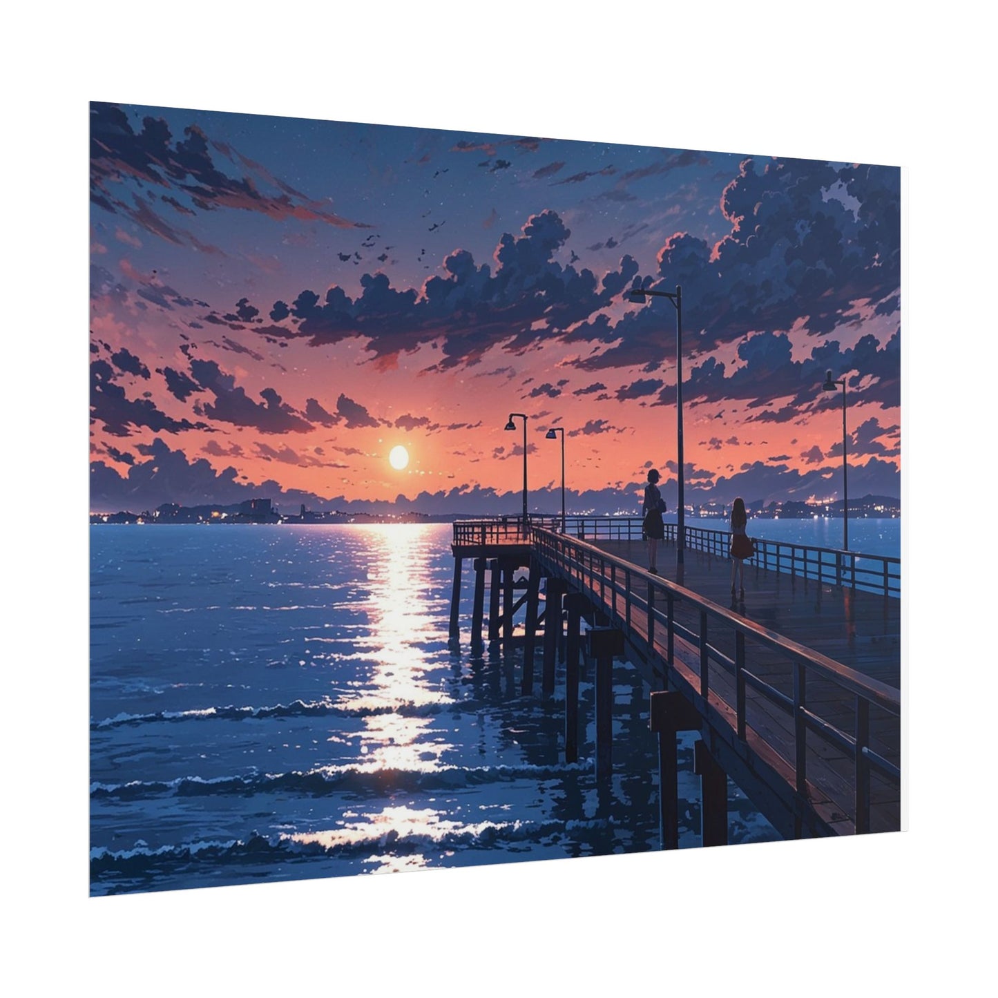Serene Sunset Rolled Poster - Moonlit Pier Art for Home Decor