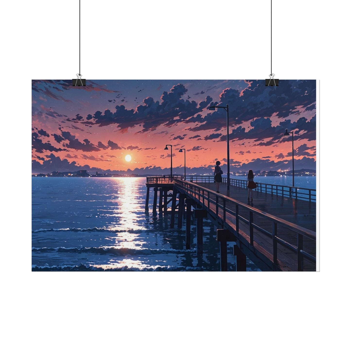 Serene Sunset Rolled Poster - Moonlit Pier Art for Home Decor
