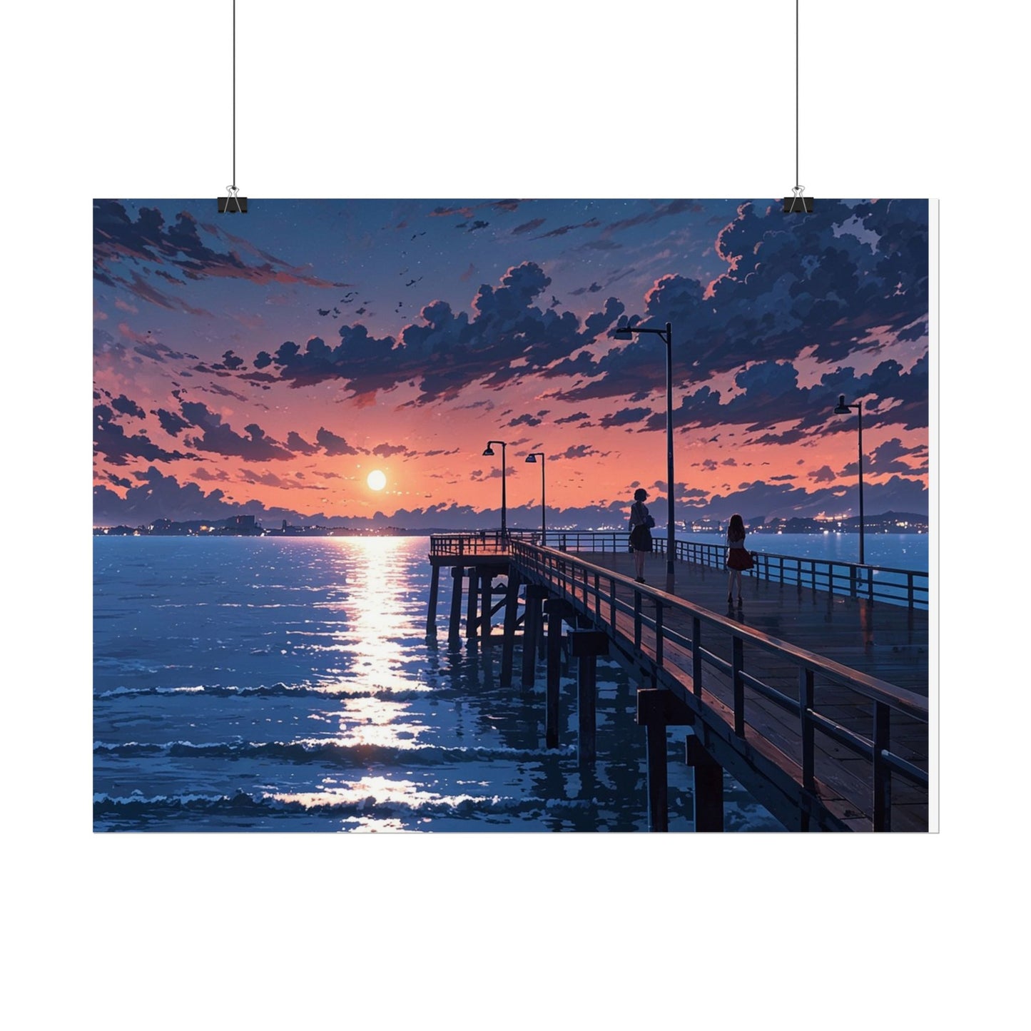 Serene Sunset Rolled Poster - Moonlit Pier Art for Home Decor