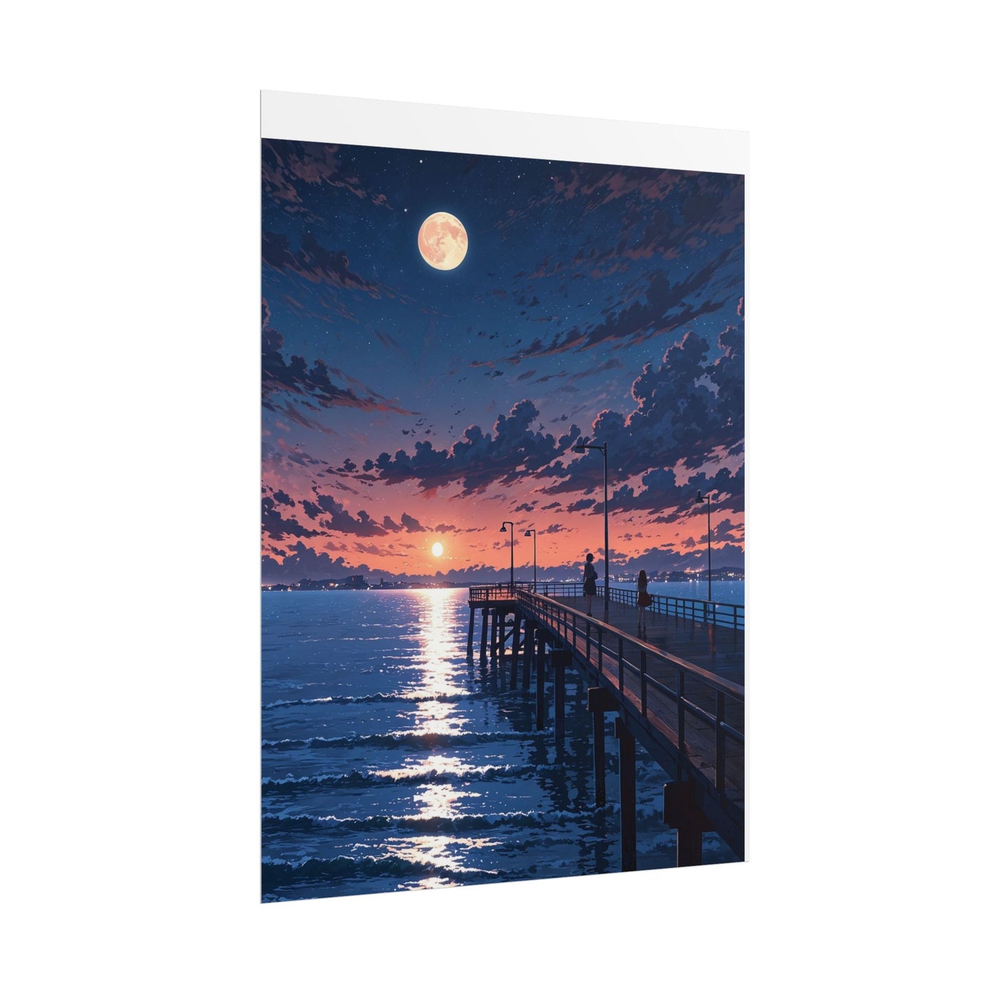 Serene Sunset Rolled Poster - Moonlit Pier Art for Home Decor
