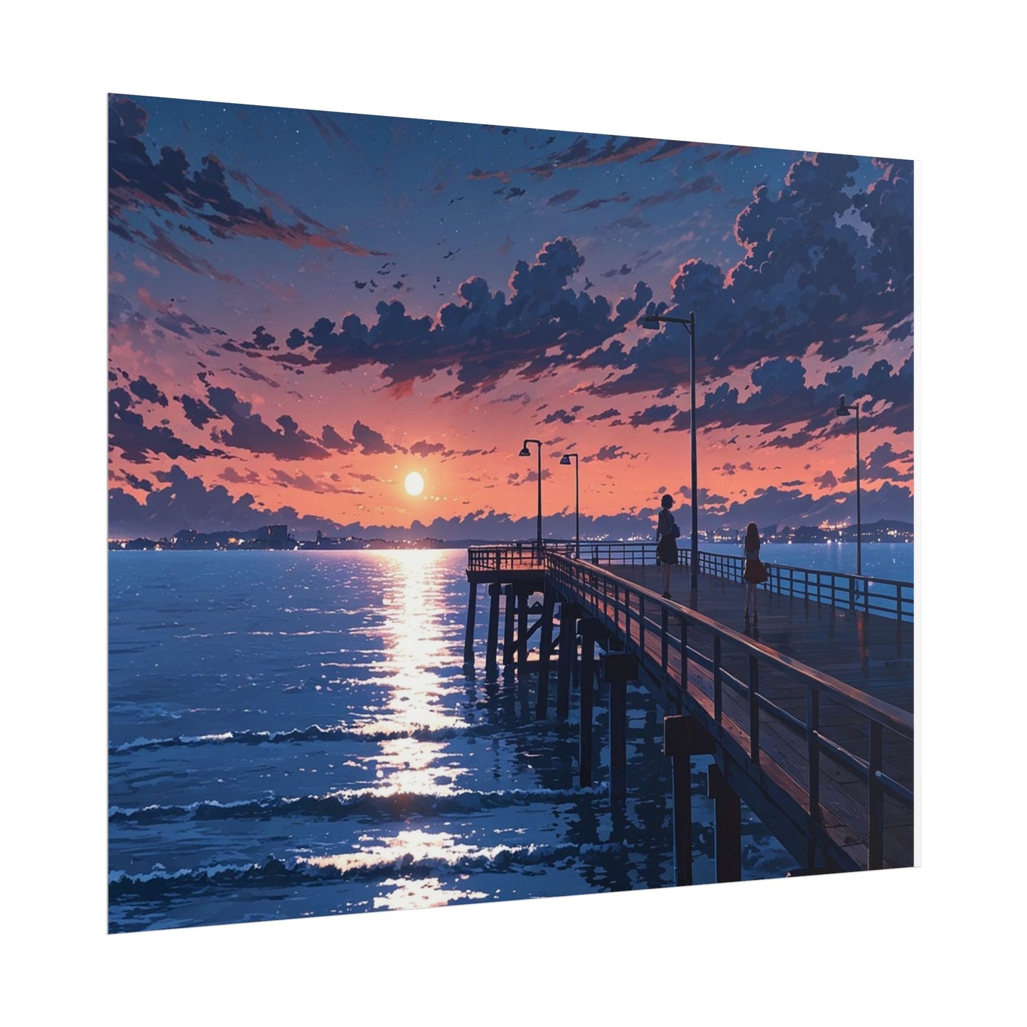 Serene Sunset Rolled Poster - Moonlit Pier Art for Home Decor