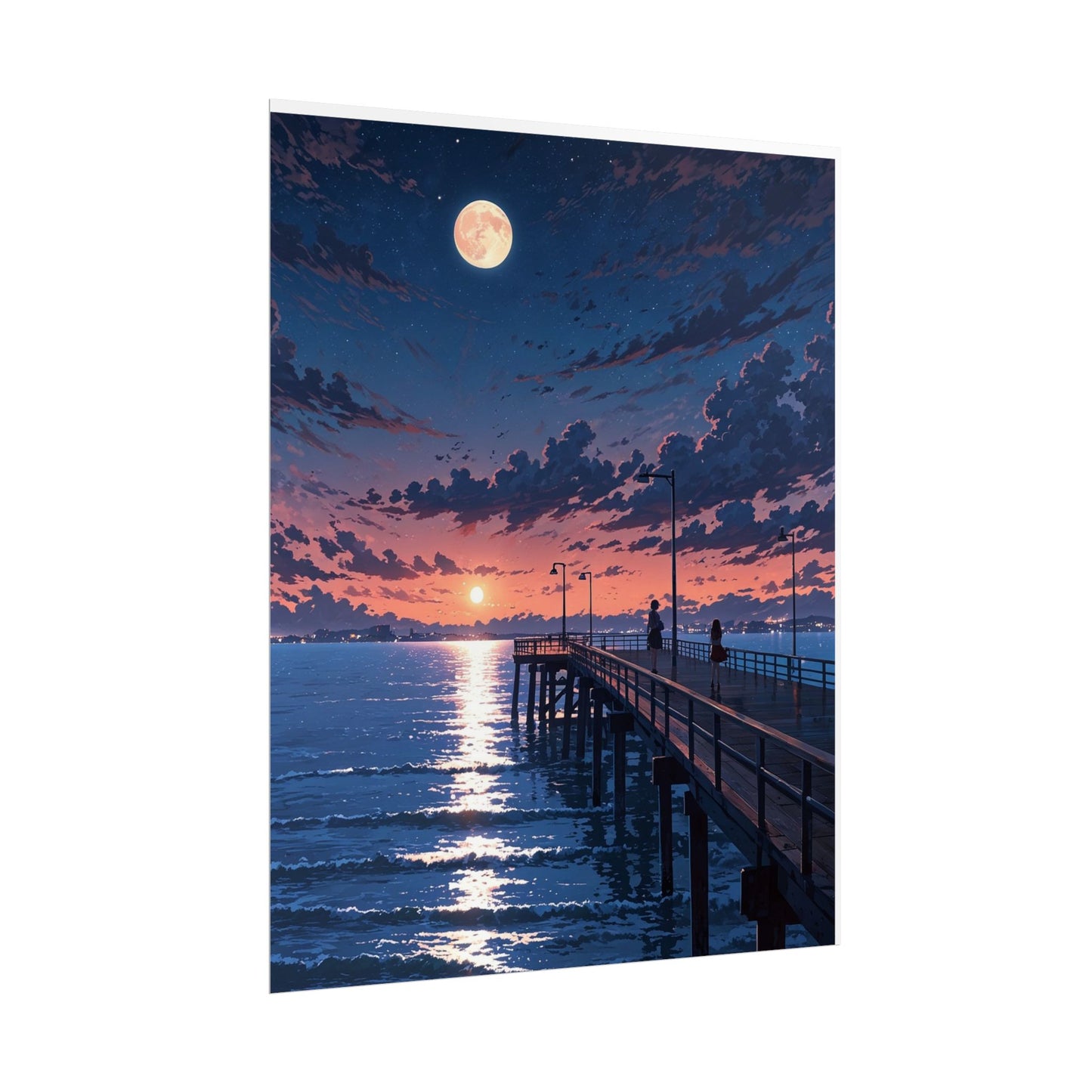 Serene Sunset Rolled Poster - Moonlit Pier Art for Home Decor