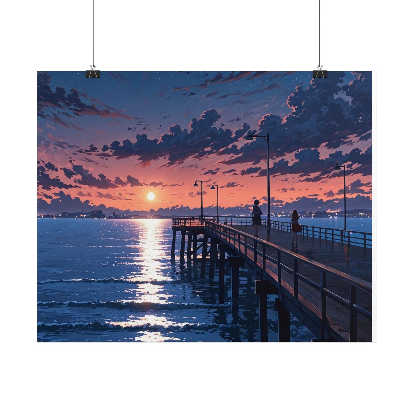 Serene Sunset Rolled Poster - Moonlit Pier Art for Home Decor