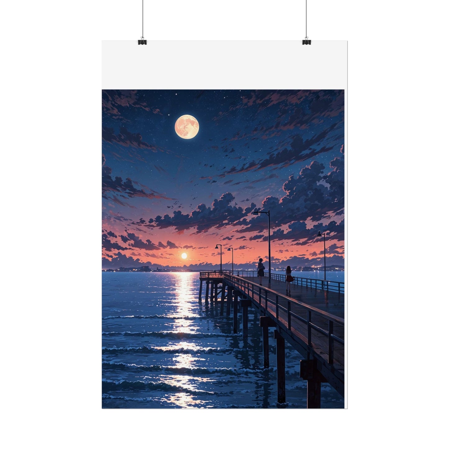 Serene Sunset Rolled Poster - Moonlit Pier Art for Home Decor