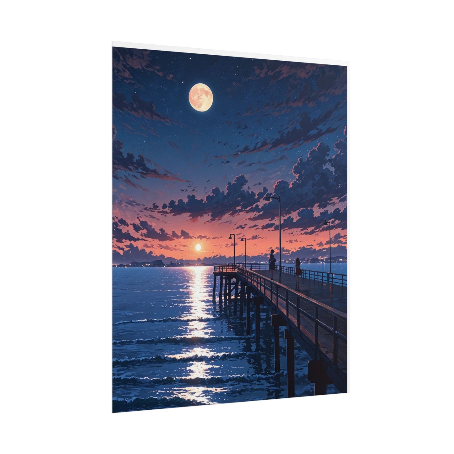 Serene Sunset Rolled Poster - Moonlit Pier Art for Home Decor