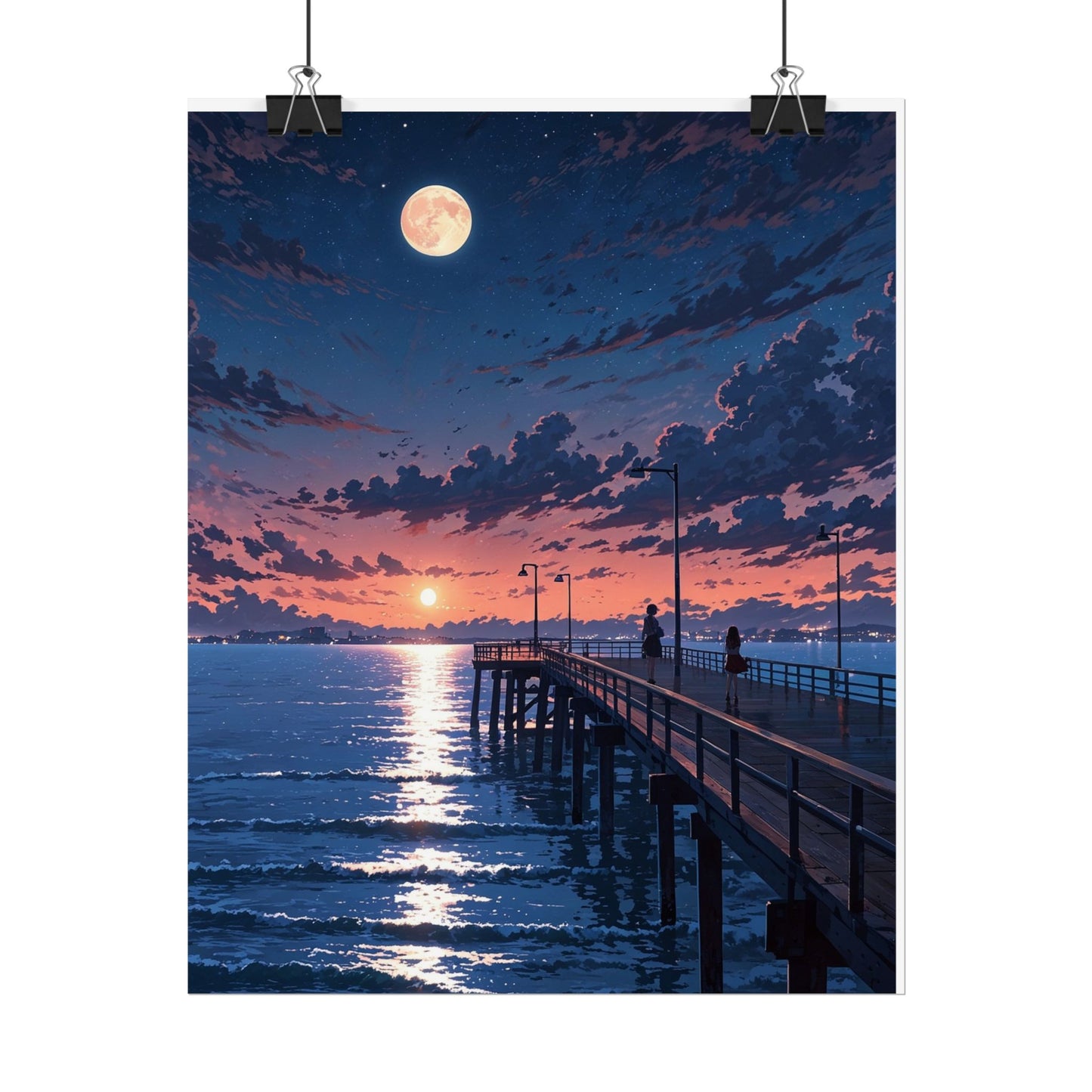 Serene Sunset Rolled Poster - Moonlit Pier Art for Home Decor