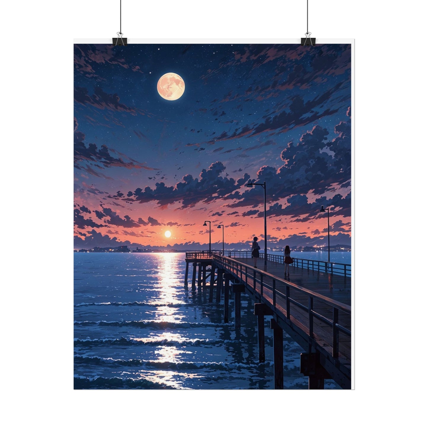 Serene Sunset Rolled Poster - Moonlit Pier Art for Home Decor
