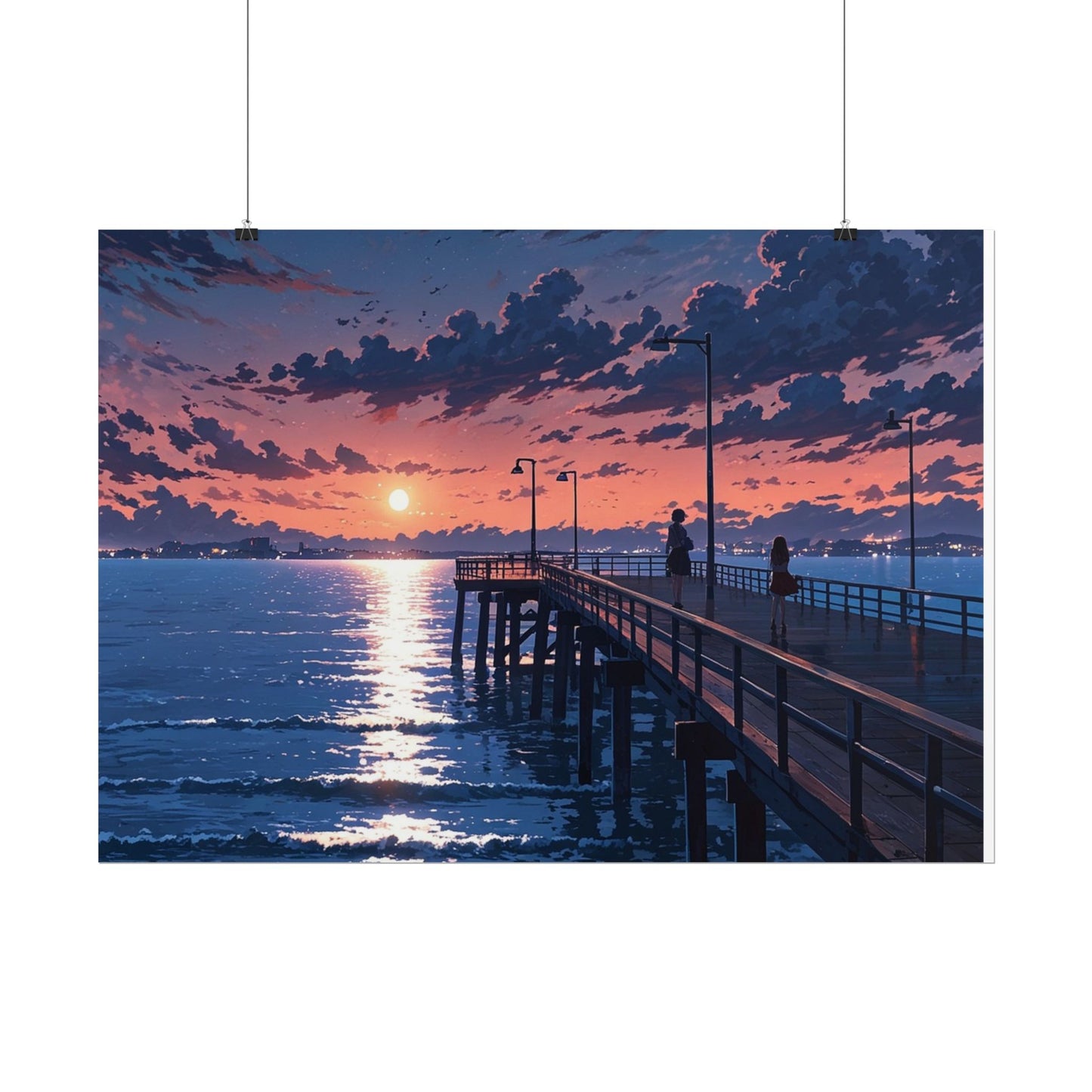 Serene Sunset Rolled Poster - Moonlit Pier Art for Home Decor