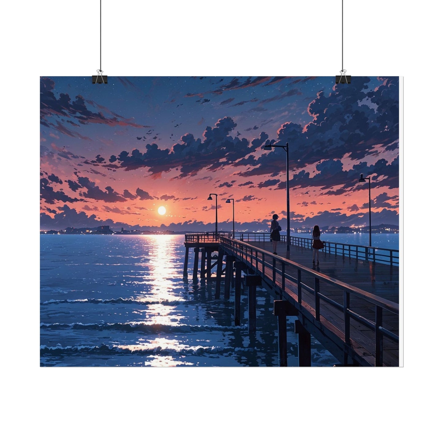 Serene Sunset Rolled Poster - Moonlit Pier Art for Home Decor