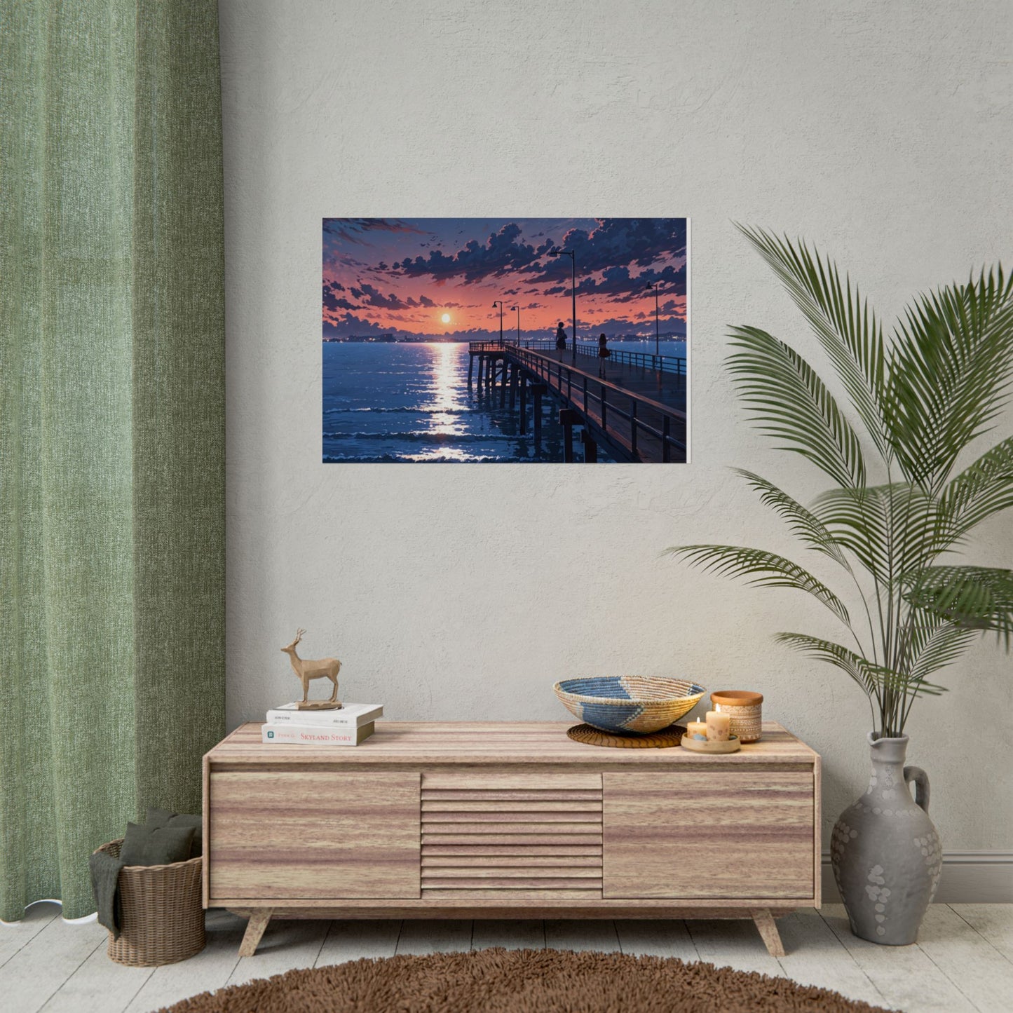 Serene Sunset Rolled Poster - Moonlit Pier Art for Home Decor