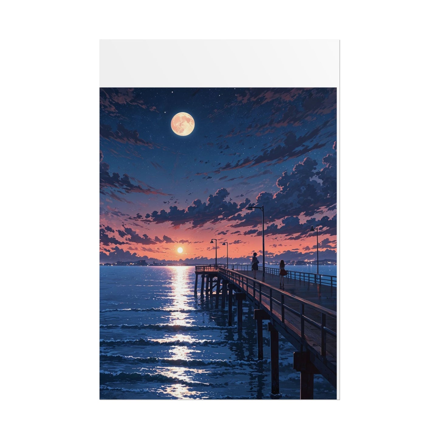 Serene Sunset Rolled Poster - Moonlit Pier Art for Home Decor