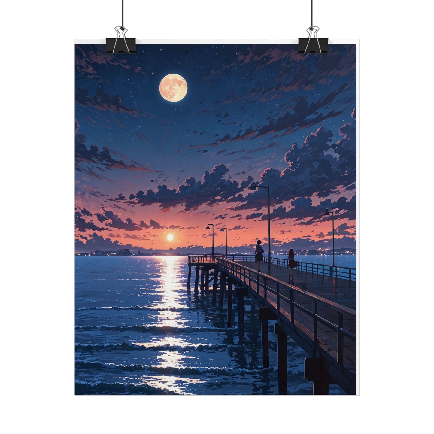 Serene Sunset Rolled Poster - Moonlit Pier Art for Home Decor
