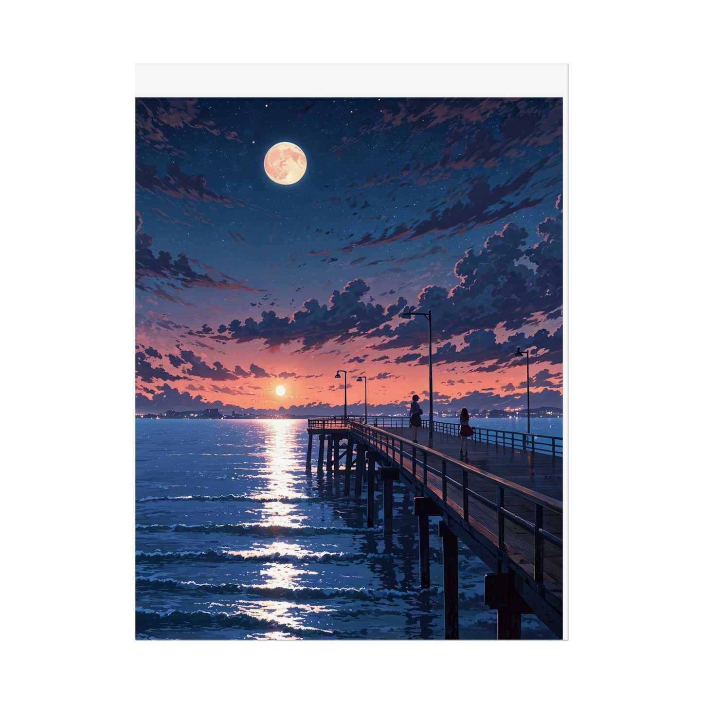 Serene Sunset Rolled Poster - Moonlit Pier Art for Home Decor