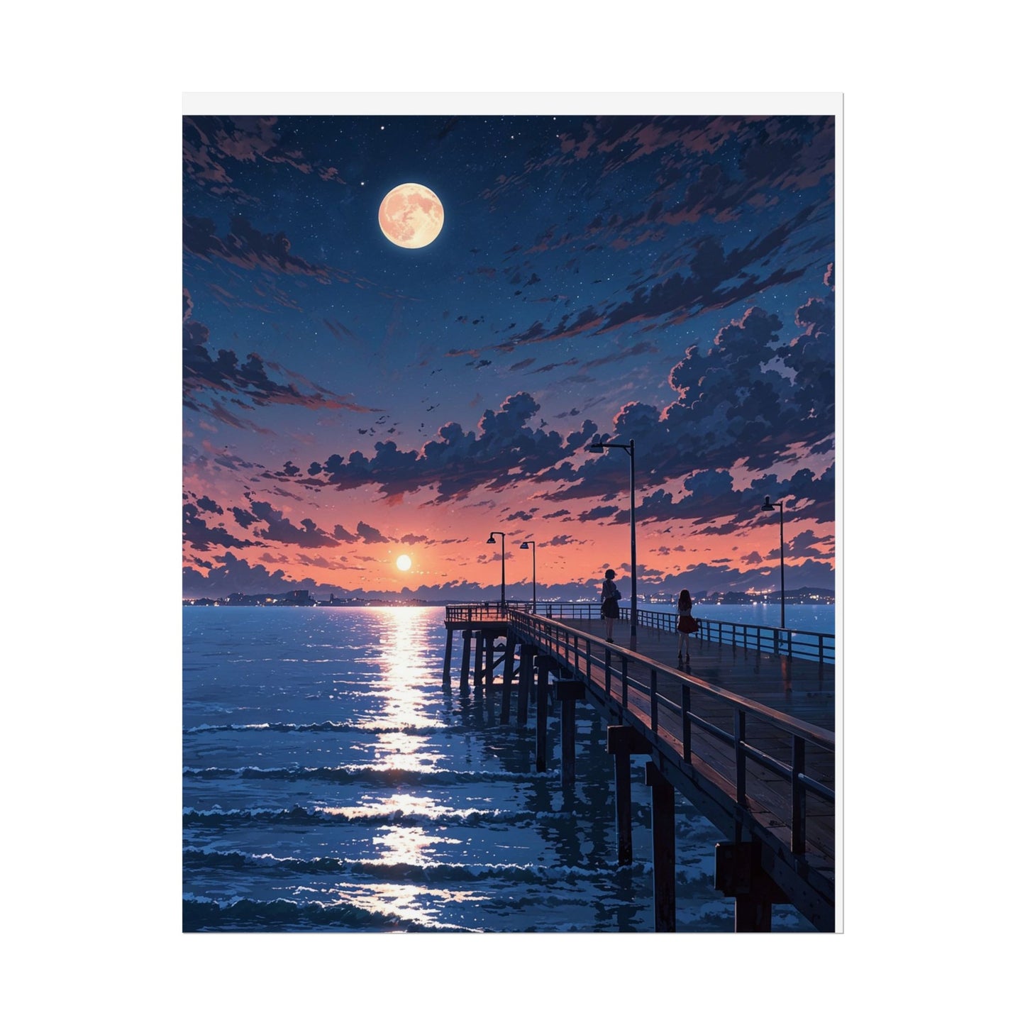 Serene Sunset Rolled Poster - Moonlit Pier Art for Home Decor