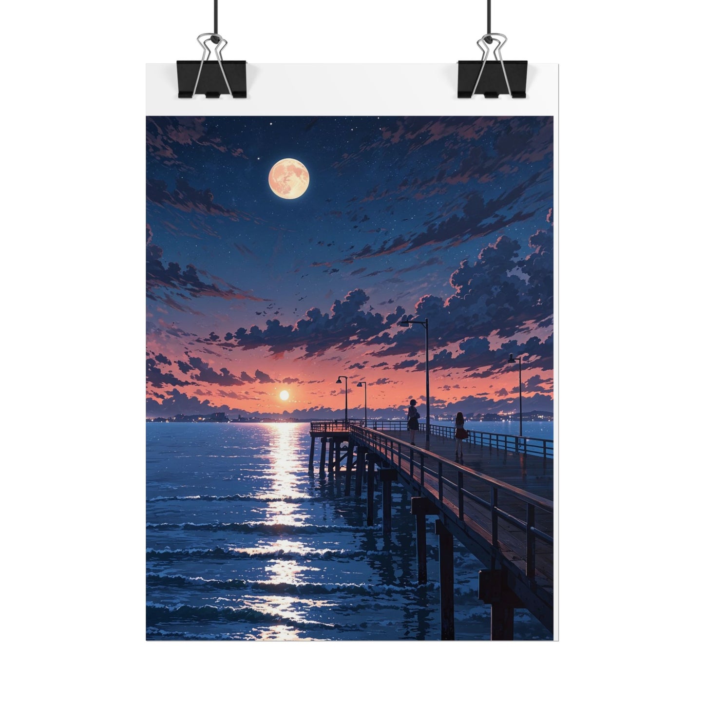 Serene Sunset Rolled Poster - Moonlit Pier Art for Home Decor