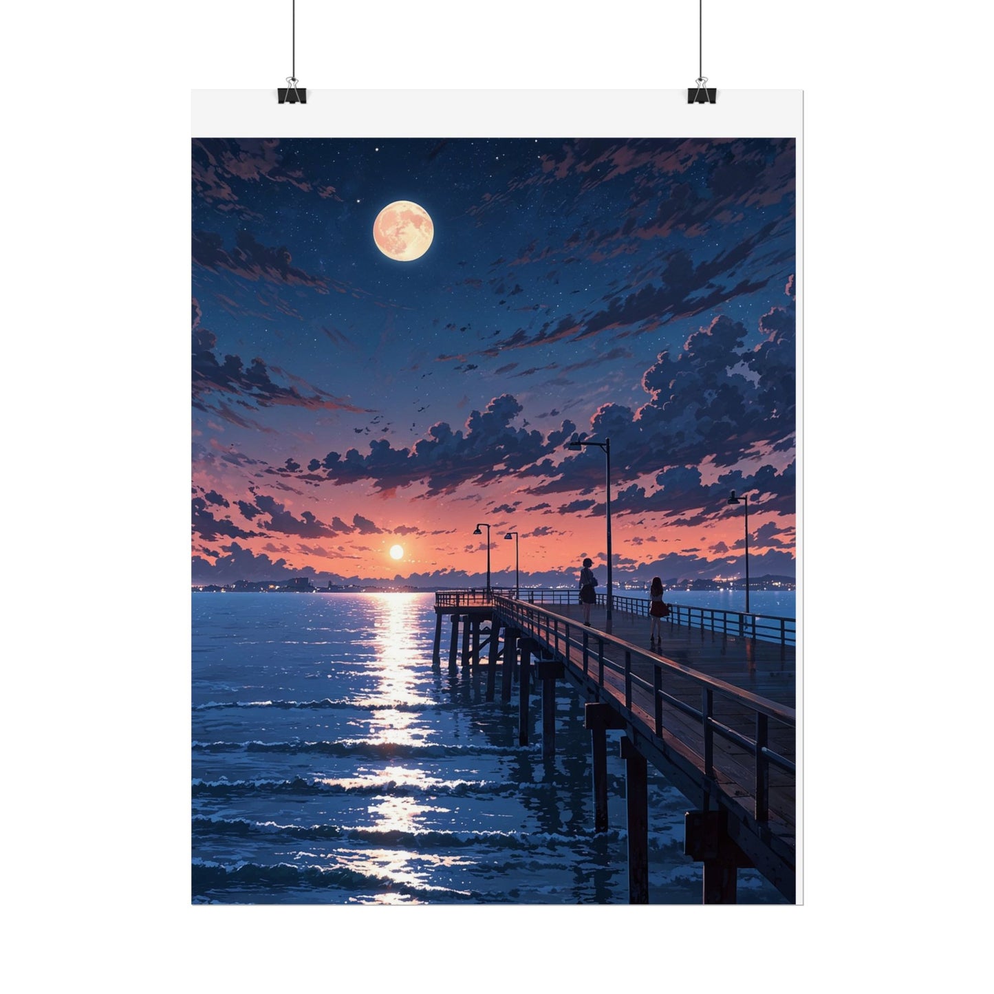 Serene Sunset Rolled Poster - Moonlit Pier Art for Home Decor