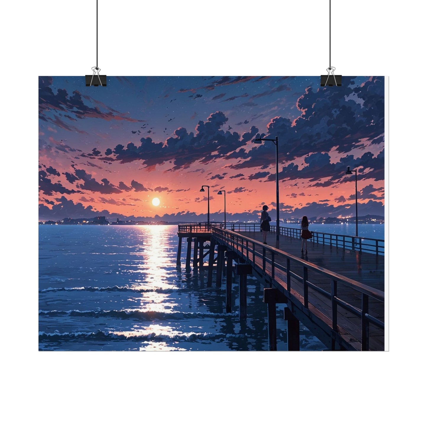 Serene Sunset Rolled Poster - Moonlit Pier Art for Home Decor