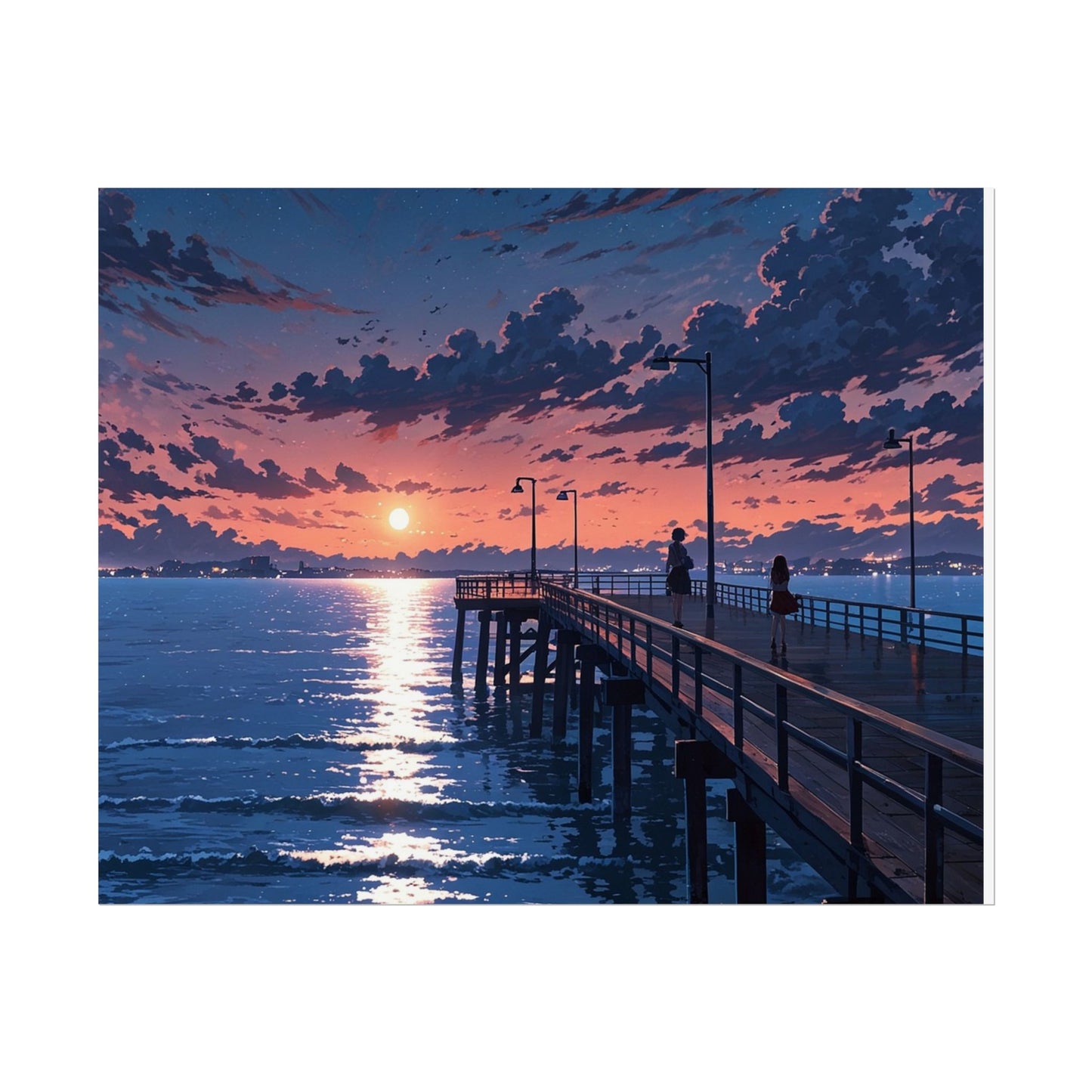 Serene Sunset Rolled Poster - Moonlit Pier Art for Home Decor